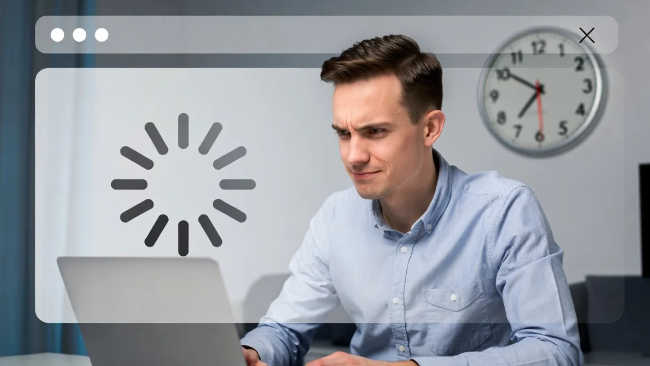 Wolno ładująca się strona internetowa powodująca frustrację użytkownika przy komputerze